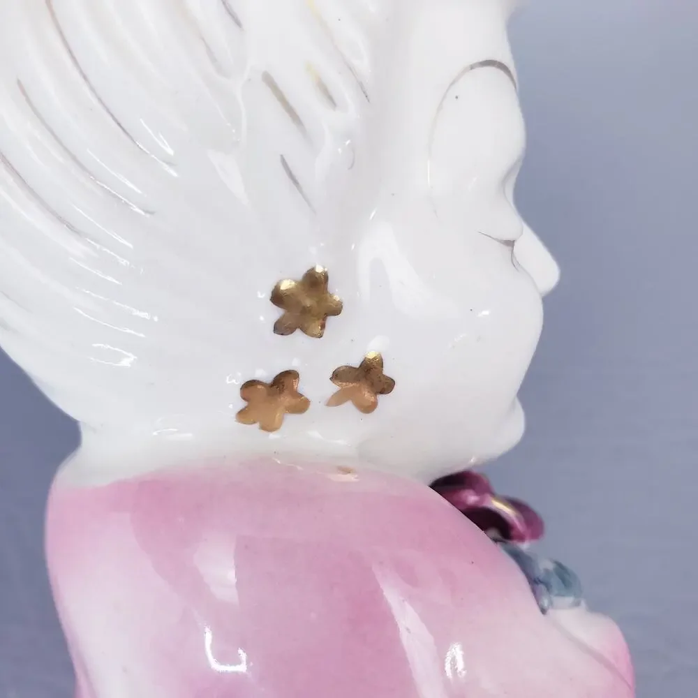 Vintage Lady Head Vase Pink Hat Dress Purple Roses White Hair Made in Japan